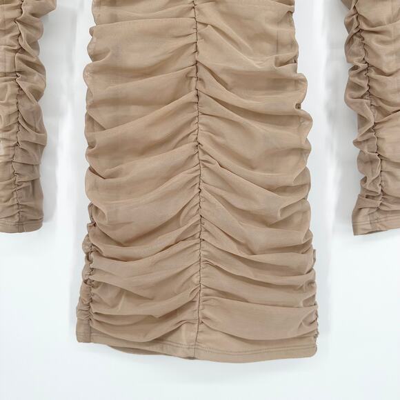 Michael Costello x REVOLVE Franky Mini Dress Mesh Ruched Long Sleeve, Taupe - Picture 8 of 14
